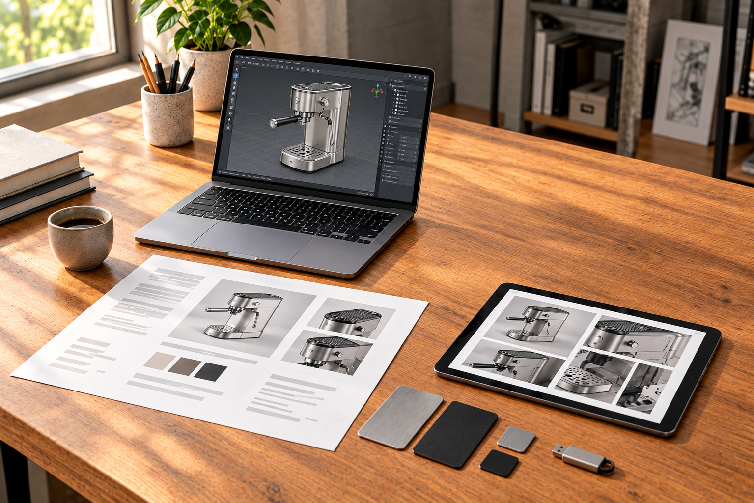 Laptop showing a CAD model of a motor beside technical drawings and a brief